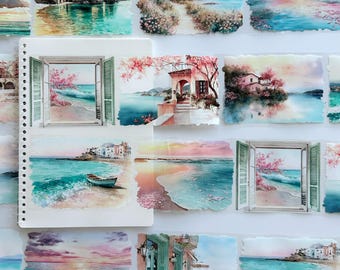 Cinta adhesiva PET Sunset Riviera, efímeros de la costa mediterránea, decoración para diarios junto al mar.