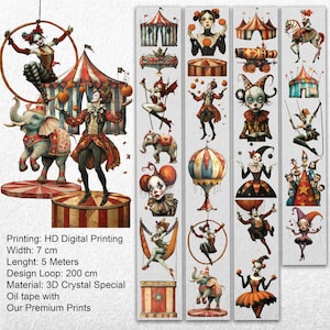 May include: Decorative circus-themed oil tape featuring colorful illustrations of clowns, elephants, circus tents, and performers. The tape is 7 cm wide and 5 meters long, with a 200 cm design loop.