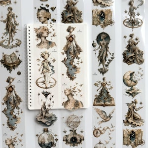 May include: A collection of decorative adhesive tape strips featuring intricate sepia-toned illustrations of ethereal figures, celestial maps, open books, birds, and nautical elements. The designs include detailed line art and soft shading.