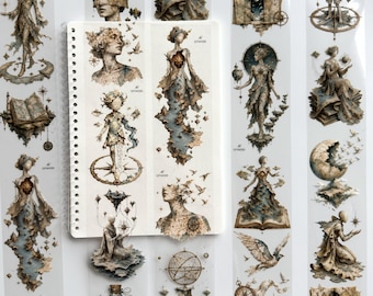 May include: A collection of decorative adhesive tape strips featuring intricate sepia-toned illustrations of ethereal figures, celestial maps, open books, birds, and nautical elements. The designs include detailed line art and soft shading.