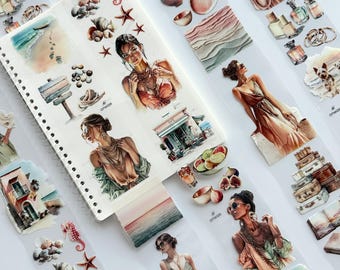 Fita adesiva PET em tom rosado, decoração para scrapbook de praia, lembrancinhas de verão, diário à beira-mar