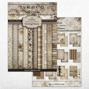 May include: A set of 10 double-sided scrapbook paper sheets featuring a variety of patterns in beige, brown, and white. The patterns include floral, plaid, and textured designs. The paper is 148mm x 210mm and is part of the "Sewing House" collection by onwize.