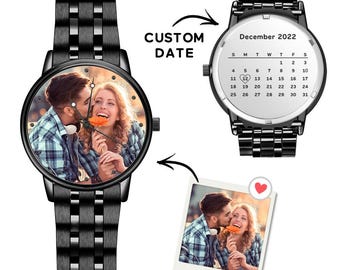 Custom Photo Men's Engraved Watch with Personalized Calendar Black Alloy Bracelet Gift for Him