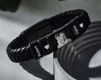 Custom Photo Engraved Bracelet Personalized Leather Men's Bracelet Father's Day Gift For Dad