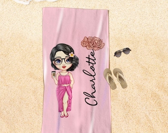 Custom Cartoon Girl Beach Towel: Personalized Birth Flower Gift