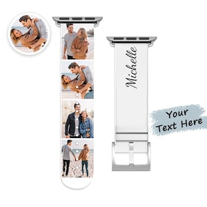 Op de afbeelding: Een witte Apple Watch-band met een zilveren gesp. De band heeft een collage van vier foto's en de naam "Michelle" in zwart schrift. Een lichtblauwe tekstvak leest "Your Text Here".