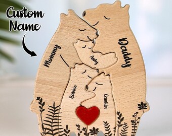 Custom Name Wooden Heart Bear Puzzle – Personalized Family Gift