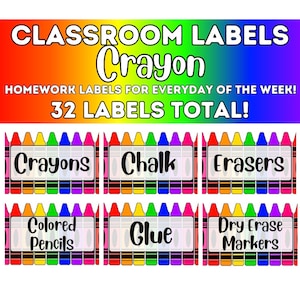 Crayon Themed Classroom Labels - 32 Labels - Homework Labels