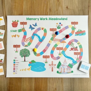 Puede incluir: Un colorido juego de mesa Memory Work Meadowland con un camino sinuoso, flores, una iglesia y un estanque. El tablero de juego incluye una clave con asignaturas como historia, geograf&iacute;a, ingl&eacute;s y matem&aacute;ticas.