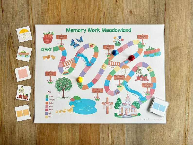 Puede incluir: Un colorido juego de mesa Memory Work Meadowland con un camino sinuoso, flores, una iglesia y un estanque. El tablero de juego incluye una clave con asignaturas como historia, geograf&iacute;a, ingl&eacute;s y matem&aacute;ticas.