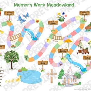 Puede incluir: Un tablero de juego colorido con un camino sinuoso, que presenta ilustraciones de un prado, una iglesia, un jard&iacute;n y un estanque. El tablero est&aacute; dise&ntilde;ado para un juego de memoria, con espacios etiquetados para diferentes materias como historia, geograf&iacute;a, l&iacute;nea de tiempo, ingl&eacute;s, ciencias, lat&iacute;n y matem&aacute;ticas.