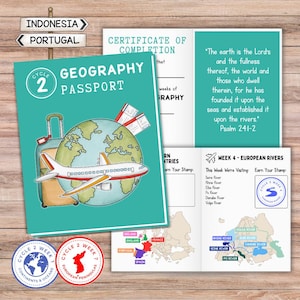 Puede incluir: Un pasaporte de geografía turquesa con una ilustración de globo terráqueo, avión y maleta. Incluye un certificado de finalización, mapas y texto sobre ríos europeos. Presenta sellos y etiquetas de países, con texto: "Cycle 2 Week 7".