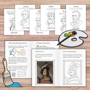 Puede incluir: Juego de actividades artísticas educativas con páginas para colorear de artistas famosos como Rembrandt y Van Gogh. Incluye una paleta, un pincel y un folleto con datos e instrucciones para colorear. Ideal para la educación artística.