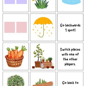 Puede incluir: Un conjunto de 8 cartas de juego coloridas con im&aacute;genes de flores, un paraguas, zanahorias, un jard&iacute;n, un &aacute;rbol y un tronco. Las cartas tambi&eacute;n incluyen instrucciones de texto para un juego, como "&iexcl;Retrocede 1 casilla!" y "&iexcl;Cambia de lugar con uno de los otros jugadores!"