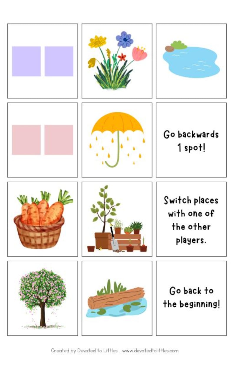 Puede incluir: Un conjunto de 8 cartas de juego coloridas con im&aacute;genes de flores, un paraguas, zanahorias, un jard&iacute;n, un &aacute;rbol y un tronco. Las cartas tambi&eacute;n incluyen instrucciones de texto para un juego, como "&iexcl;Retrocede 1 casilla!" y "&iexcl;Cambia de lugar con uno de los otros jugadores!"