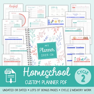 Puede incluir: Un planificador de homeschooling en PDF con un diseño de portada floral y el texto "My Planner 2025-26". El planificador incluye varias páginas para el seguimiento de horarios, gastos y actividades. El texto adicional incluye "Homeschool", "Custom Planner PDF" y "Cycle 2".