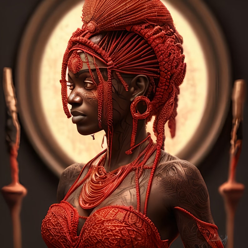 May include: A woman wearing a red beaded headdress and a red beaded top. She has intricate red and black body art.