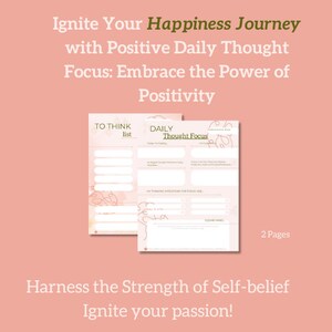 Puede incluir: Dos páginas imprimibles con fondo rosa y blanco. Las páginas se titulan "To Think List" y "Daily Thought Focus". Las páginas están diseñadas para ayudar a los usuarios a concentrarse en pensamientos e intenciones positivas.