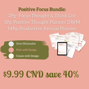 Peut inclure: Un lot de planificateurs numériques avec trois options de couverture différentes : gris minimaliste, rose avec motif et crème avec motif. Le lot comprend une liste de pensées et de réflexions, un planificateur de pensées positives et un planificateur annuel productif. Le texte sur l’image indique : « Positive Focus Bundle : 2Pg- Focus Thought & Think List 3Pg : Positive Thought Planner DWM 14Pg : Productive Annual Planner 9,99 $ CA, économisez 40 % »