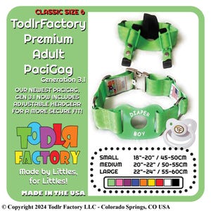 May include: Green PaciGag set with adjustable headgear, a pacifier, and the text "DIAPER BOY." The product is from TodlrFactory, made in the USA. Includes size chart: 18"-24" / 45-60cm.