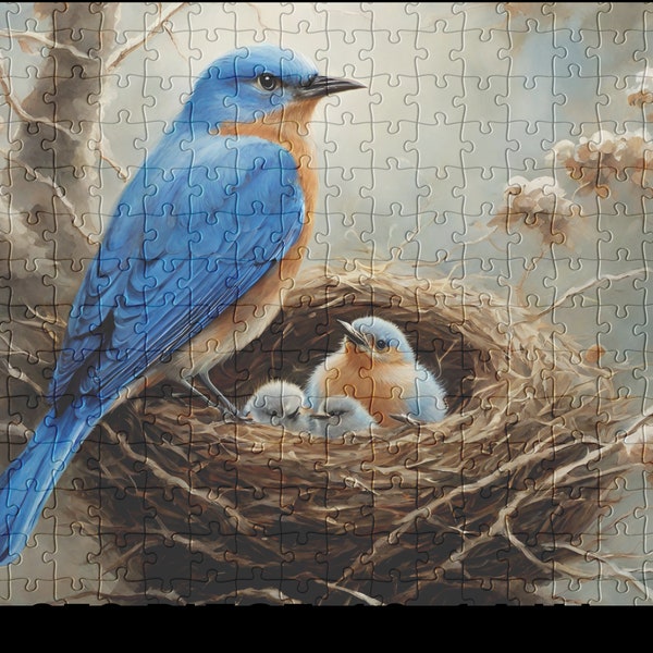 Bird puzzle, Bluebird puzzle, Blue bird puzzle, Eastern Bluebird puzzle, bird puzzle gift, songbird puzzle,  Bluebird with babies puzzle