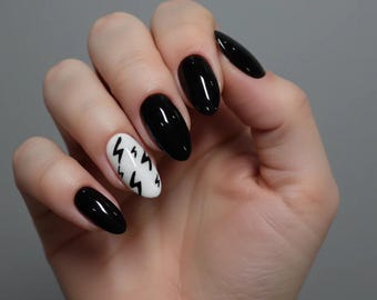 Black Lightning Bolt Press-On Nails | Short Almond, Size Small
