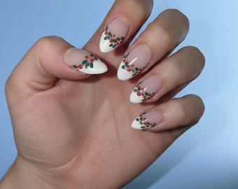 Holly Berry French Tip Press-On Nails | Short Almond, Size Medium