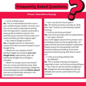 May include: A pink and white graphic with the title "Frequently Asked Questions" and a large red question mark. The text provides answers about a web-based tool, Google Drive, and receipt organization. The FAQ covers topics like mobile app usage and refunds.