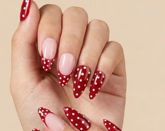 Red & White Polka Dot French Tip Press-On Nails | Medium Stiletto | Handmade Gel Press Ons
