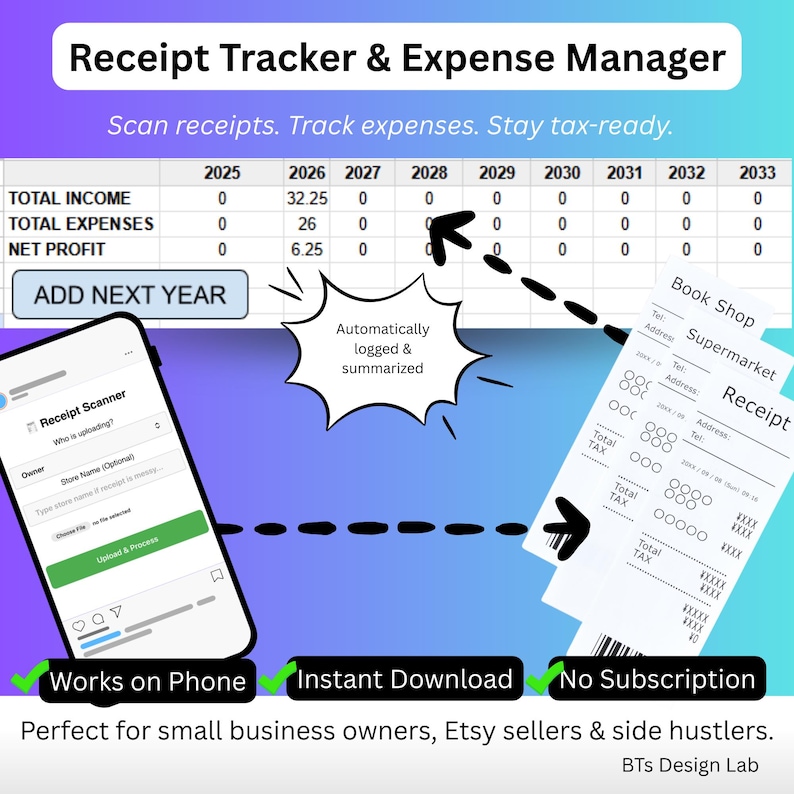 May include: Digital receipt tracker and expense manager graphic. The image shows a smartphone with a receipt scanner app, a spreadsheet, and receipts. Text includes "Works on Phone", "Instant Download", and "No Subscription".