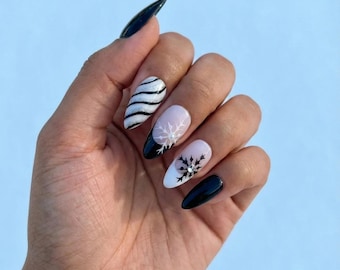 Gothic Snowflake Press On Nails | Black & White Swirl, Winter Almond