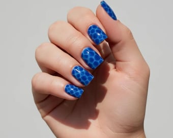 Blue Blooming Gel Press On Nails – Short Square, Reusable (Size Large)