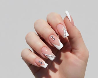 Crystal French coffin Press- on nails- long | size large