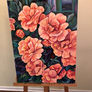 Defiant Flourish, impresión de calidad de la pintura acrílica de mi rosal favorito lleno de flores, firmada por mí, el artista