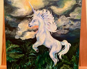 Unicorn in the Moonlight, quality print of my acrylic painting of a whimsical unicorn in a moody forest, signed by me, the artist