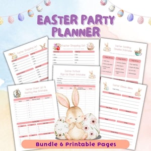 Peut inclure: Un ensemble de six pages imprimables pour planifier une fête de Pâques. Les pages comprennent une liste de courses, une feuille d'inscription au potluck, une liste d'invités, un plan de table, un calendrier de cuisine et un menu de dîner. Le design présente des couleurs pastel et des illustrations sur le thème de Pâques.
