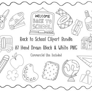 Peut inclure: Ensemble de dessins au trait en noir et blanc d'articles scolaires, dont des ciseaux, une agrafeuse, un bus scolaire, un crayon, une pomme, une palette, un carnet, un globe, une règle et une pince à reliure. Le texte indique "BIENVENUE À L'ÉCOLE".