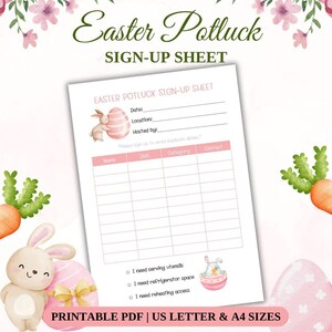 Puede incluir: Una hoja de inscripción imprimible para una comida compartida de Pascua con un diseño rosa y blanco. La hoja incluye espacios para la fecha, el lugar y el anfitrión, junto con secciones para nombres, platos, categorías e información de contacto. Los elementos decorativos incluyen huevos de Pascua, conejitos y zanahorias.
