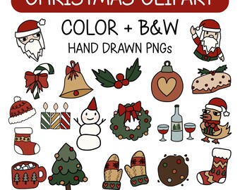 Christmas Clipart Set – 30 Black & White + 39 Colored PNGs | Hand-Drawn Doodles