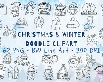 Clipart kerst winter doodleม 62 zwart-wit kleurafbeeldingen zwart-wit lijntekeningen