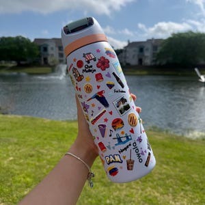 Puede incluir: Una botella de agua Owala azul claro cubierta de pegatinas coloridas, incluyendo un loro, flores y la palabra "PAN". La botella tiene una banda naranja claro y una parte superior verde. El fondo muestra un lago y edificios.