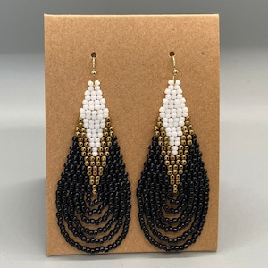 Boho Beaded Dangle Earrings, Unique Statement Seed Bead Jewelry, Hand Woven Beads,  Beaded Statement Jewelry, Black and Gold Beaded Earrings