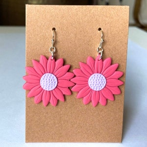 Pink Daisy Dangle Earrings - Sweet Floral Statement Earrings, Pink Daisy Flower Earrings, Pink and Purple Flower Earrings