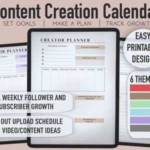 May include: A digital planner template for content creators. The template includes sections for tracking weekly followers and subscriber growth, mapping out upload schedules, and brainstorming video and content ideas. The template is available in six different color themes.