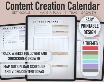 Digital Content Creator Planner, Track Followers, Subscribers, Note Video Ideas, Set Upload Schedule, Plan Social Media Posts, Printable
