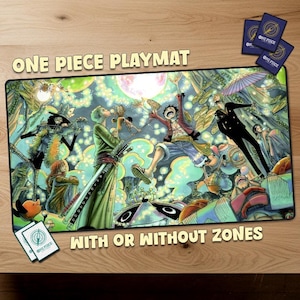 May include: A rectangular One Piece playmat featuring colorful anime characters in action poses. The playmat has the text "ONE PIECE PLAYMAT" and "WITH OR WITHOUT ZONES". Includes two small cards with the One Piece logo and three additional cards.