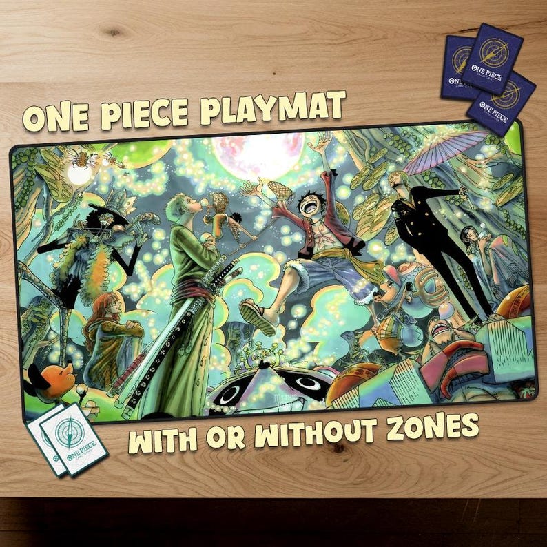May include: A rectangular One Piece playmat featuring colorful anime characters in action poses. The playmat has the text "ONE PIECE PLAYMAT" and "WITH OR WITHOUT ZONES". Includes two small cards with the One Piece logo and three additional cards.