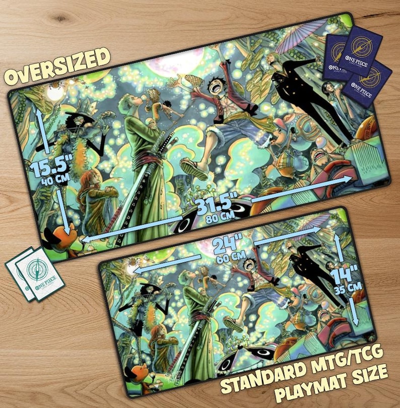 May include: Oversized and standard MTG/TCG playmats featuring colorful anime artwork. The oversized mat measures 31.5" x 15.5" (80 cm x 40 cm), while the standard mat is 24" x 14" (60 cm x 35 cm). Both mats display characters from One Piece.