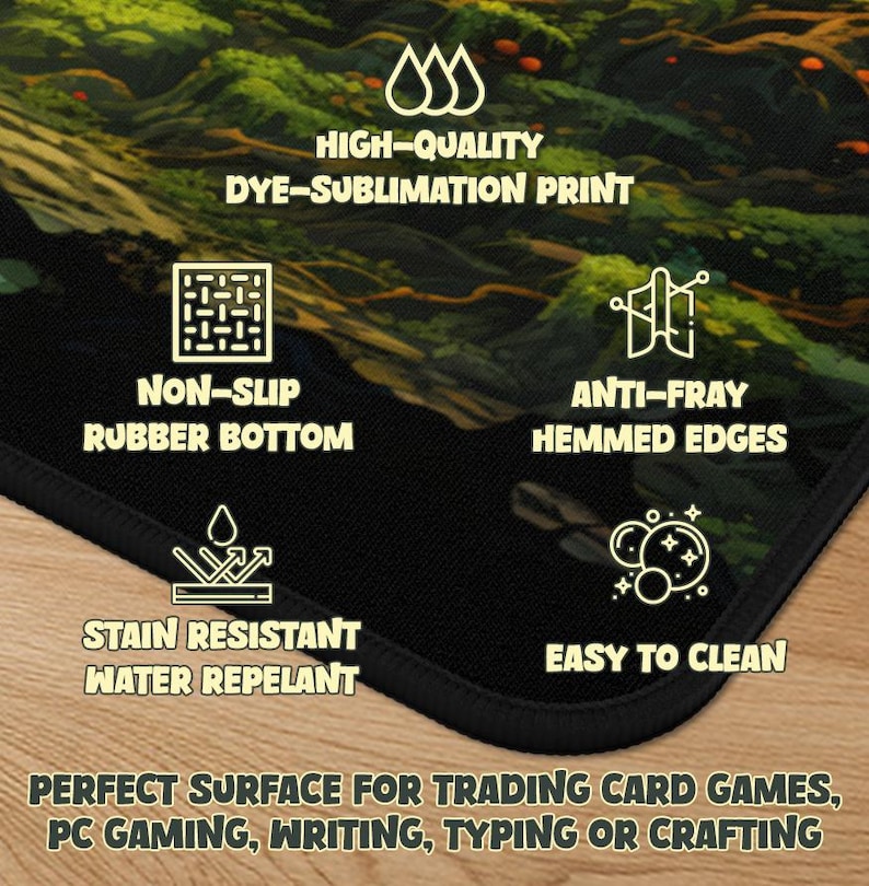 May include: A black mousepad with a detailed landscape design. Features include a non-slip rubber bottom, stain resistance, and easy-to-clean surface. The text on the pad reads "HIGH-QUALITY DYE-SUBLIMATION PRINT", "NON-SLIP RUBBER BOTTOM", "ANTI-FRAY HEMMED EDGES", "STAIN RESISTANT WATER REPELANT", and "EASY TO CLEAN".