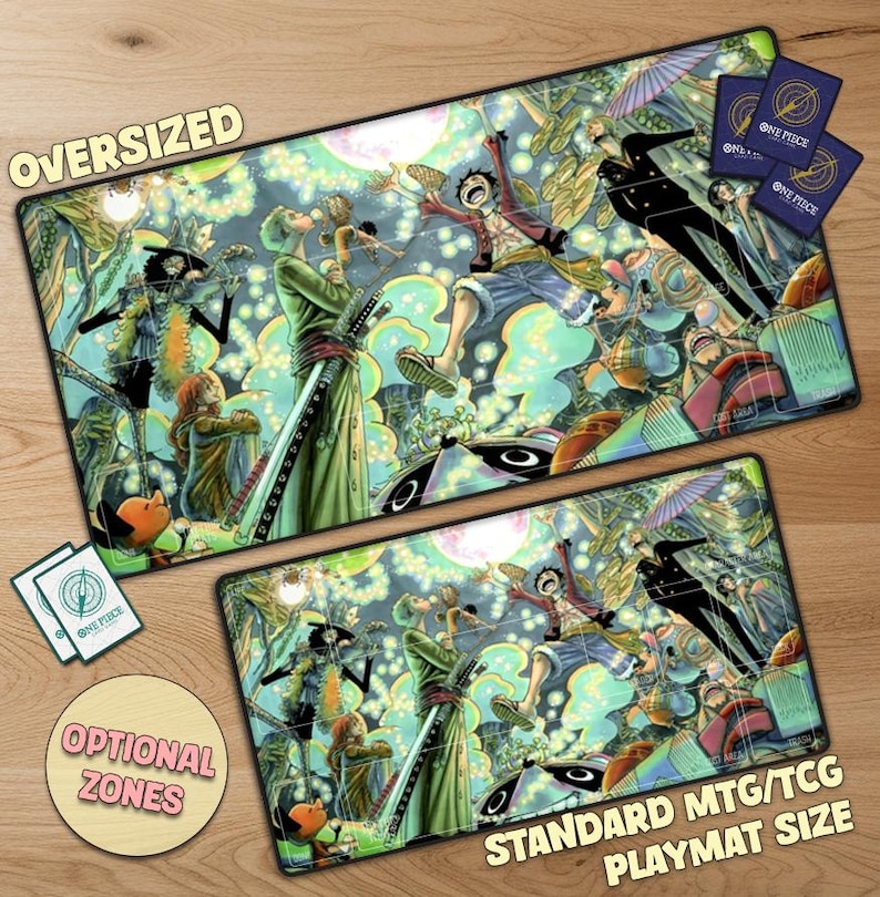 May include: Oversized and standard MTG/TCG playmats featuring colorful anime artwork. The mats display various characters in action poses, with the text "OVERSIZED" and "OPTIONAL ZONES" visible. Includes "ONE PIECE" cards.